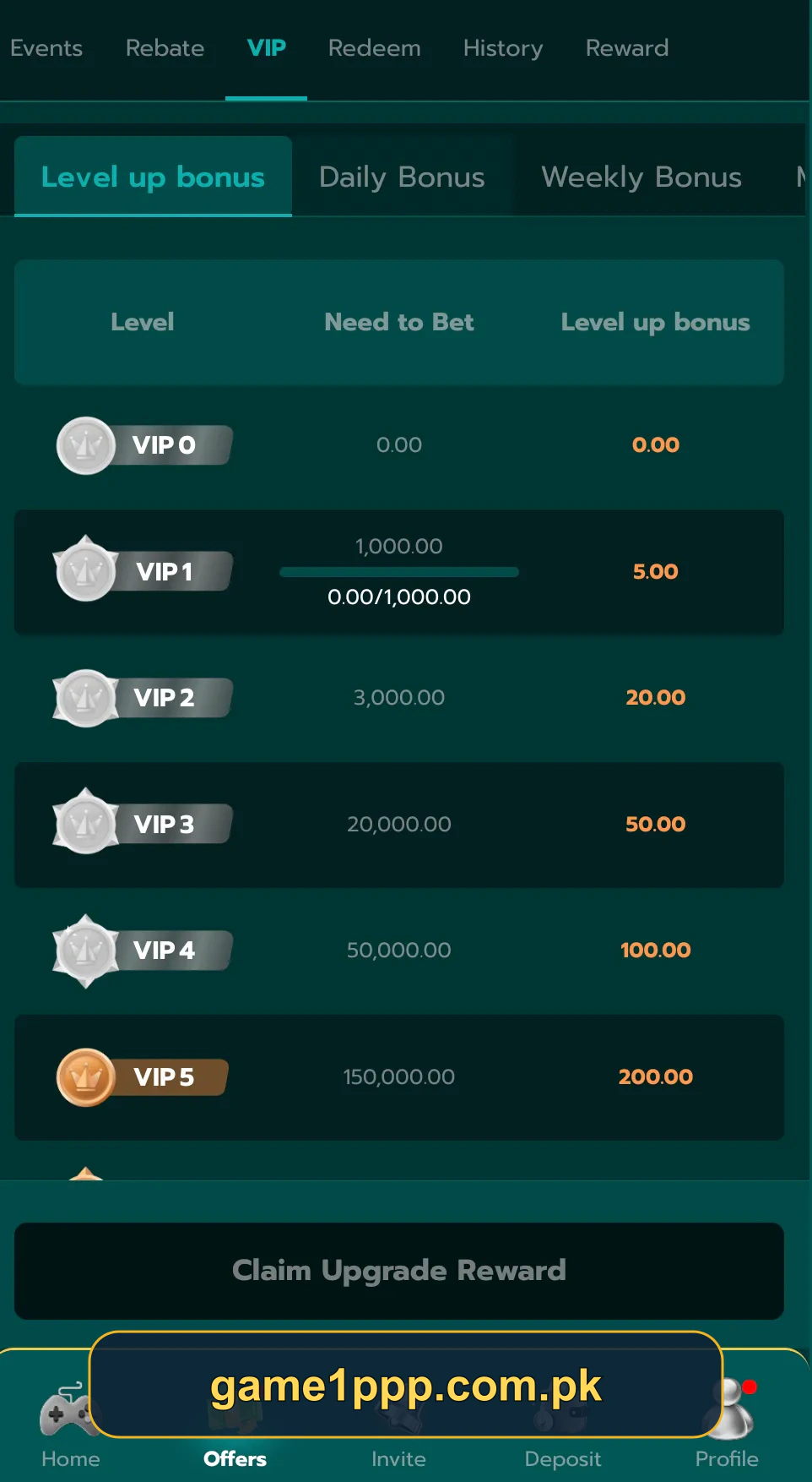 1PPP Game VIP rewards screen