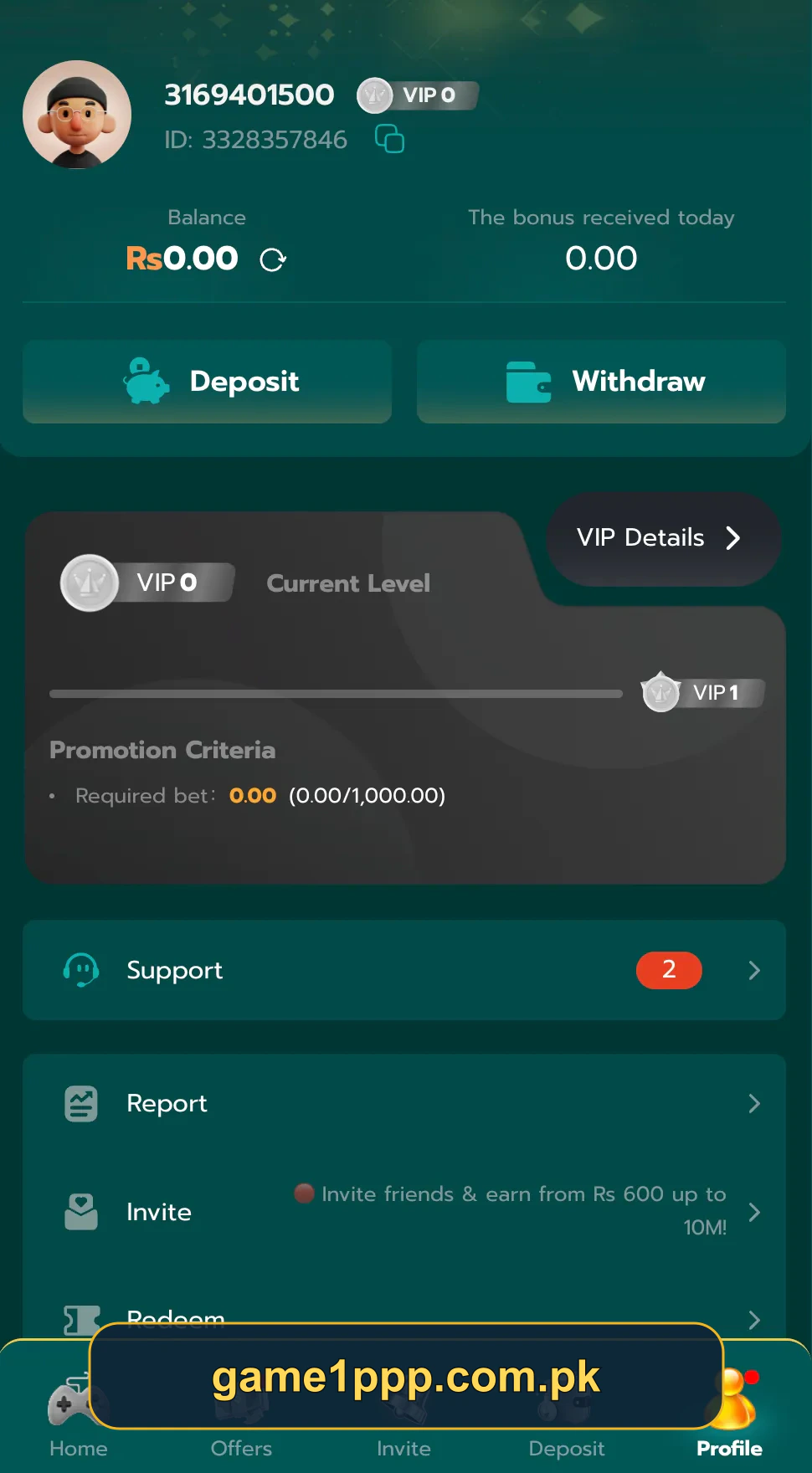 1PPP Game profile and balance screen