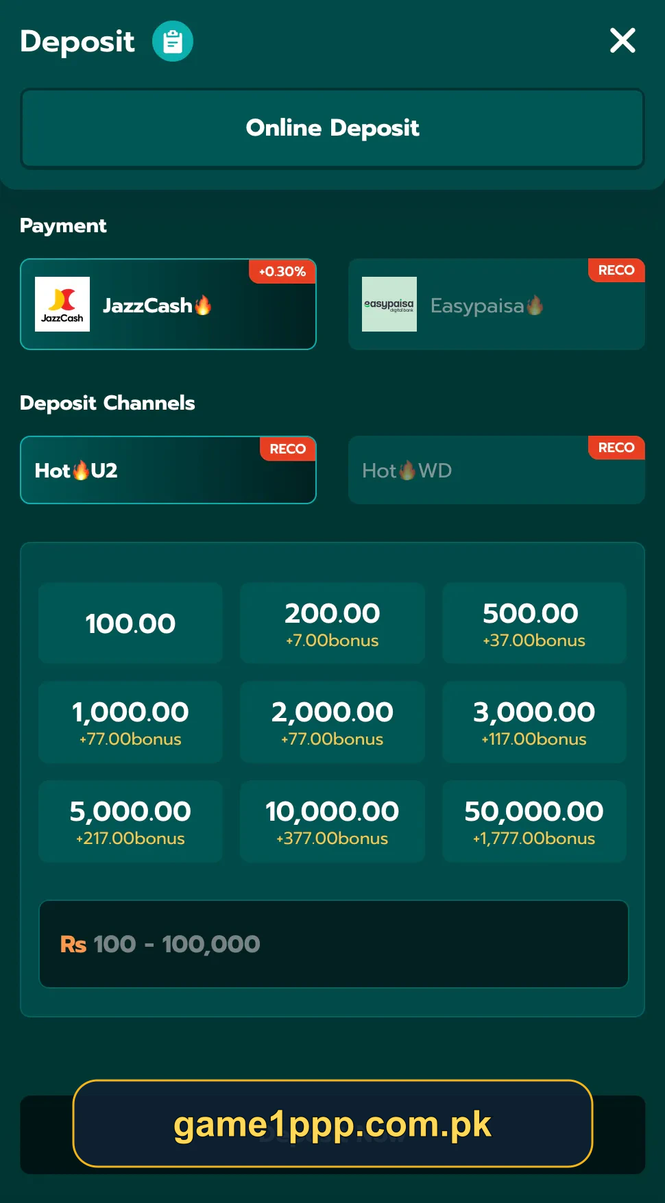 1PPP Game JazzCash deposit screen